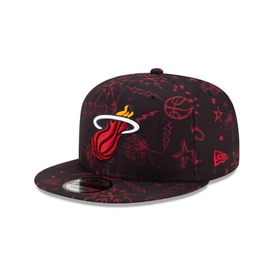 Black Miami Heat Hat - New Era NBA Doodle 9FIFTY Snapback Caps USA7451908